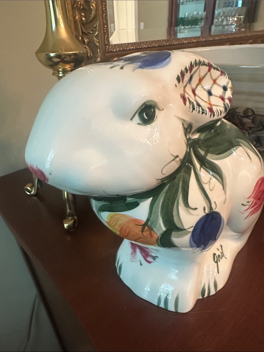 Hand-Painted White Ceramic Bunny Figurine with Floral Motif - Picture 5 of 5